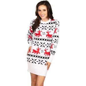 Tipsy Elves Reindeer Sweater Dress White Red Black Fair Isle Stripe Pattern